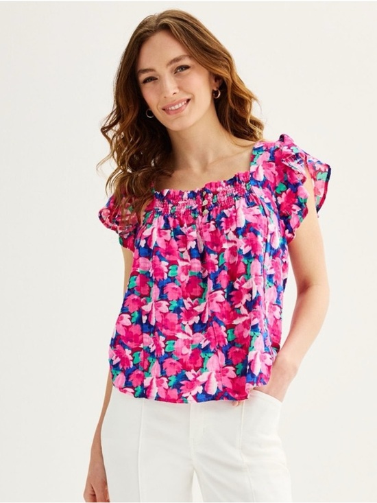 Draper James Tops - Draper James  Floral Print Flutter Sleeve Squareneck Top Fuschia Pink L